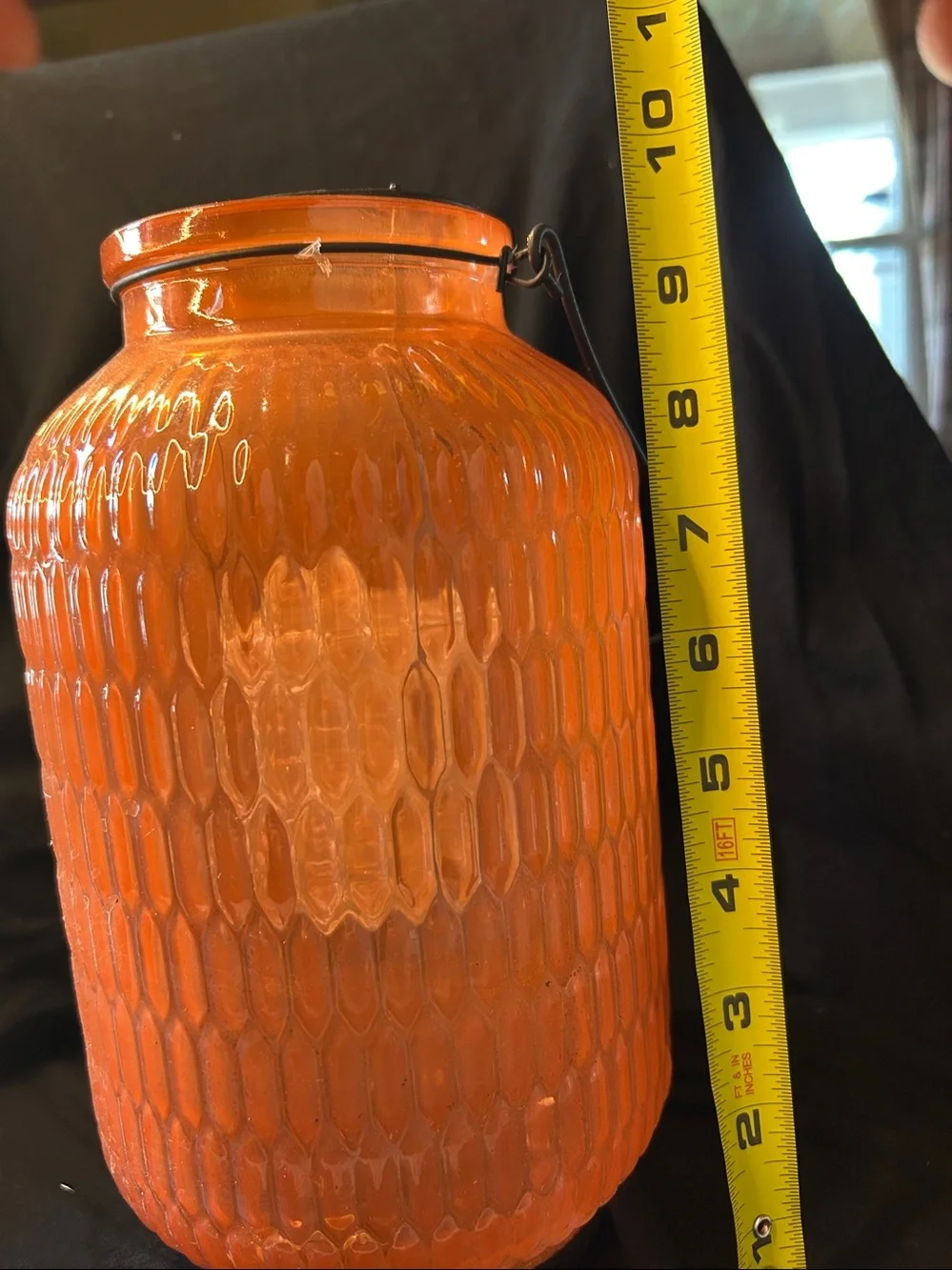 Orange Textured Glass Lantern with Metal Handle - Decorative Accent